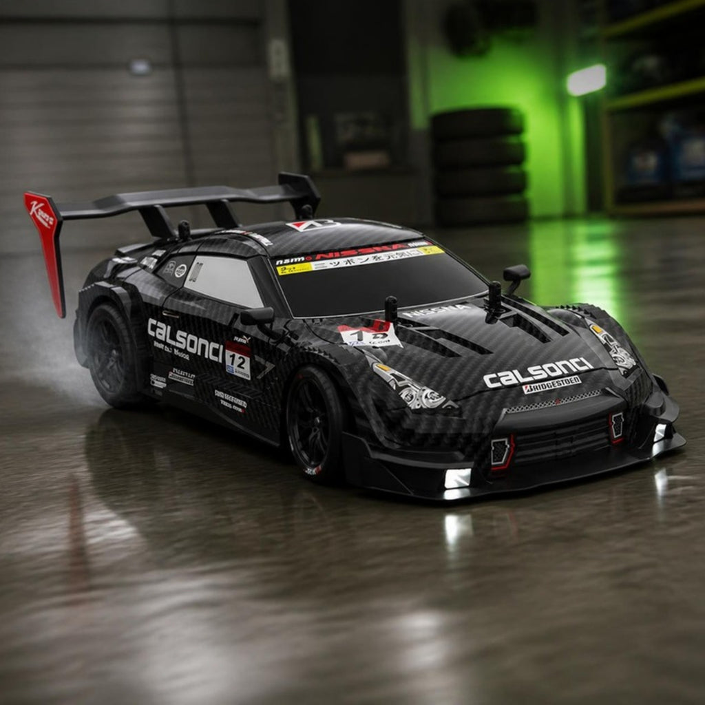 GTR RC drift car drifting on a garage floor