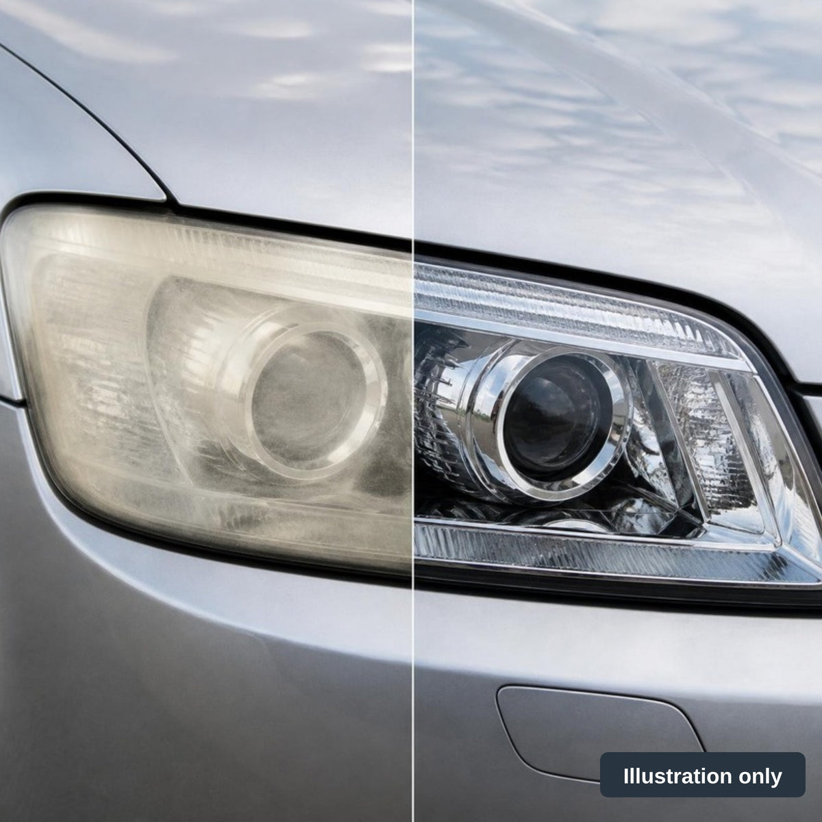 Illustration: cloudy headlight before and clear headlight after restoration